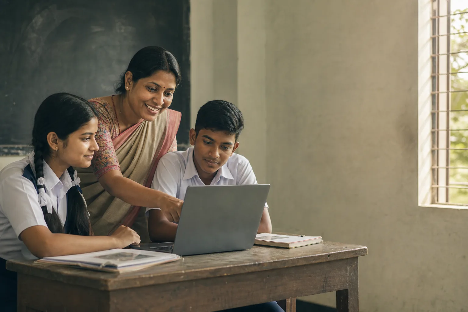 A teacher and two students reviewing school records together on a laptop in a Bangladeshi classroom